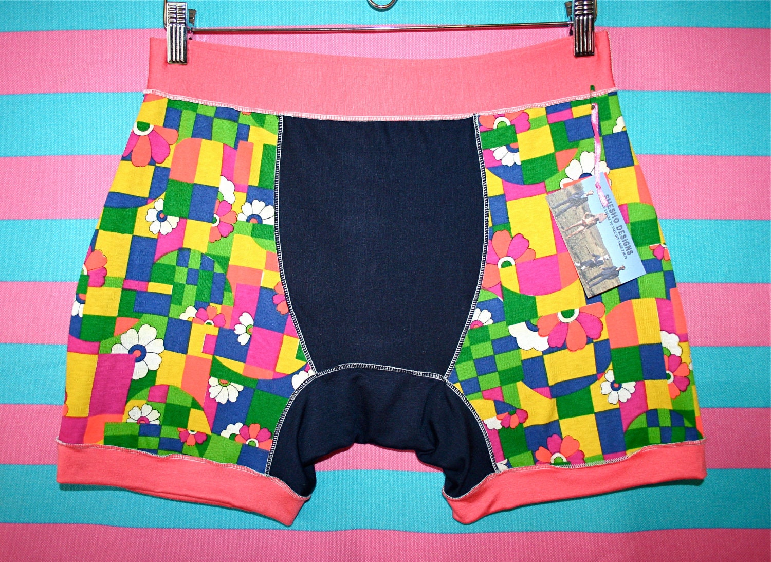 Unisex MEDIUM vintage salvaged psychadelic flower print 70s navy coral shorts boxer briefs HaNDMADE UNDeRWEAR