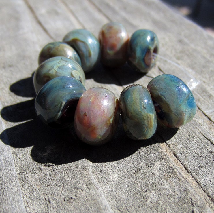 Lampwork Silvered Glass Bead set blue mauve sra s/9