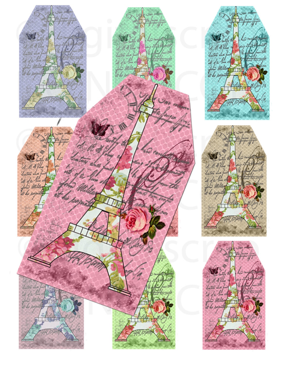 Buy 1 Get 1 Free PARIS Eiffel Tower FRENCH Shabby Vintage Floral Ephemera Lace Tags Digital Collage Sheet Printable Supplies
