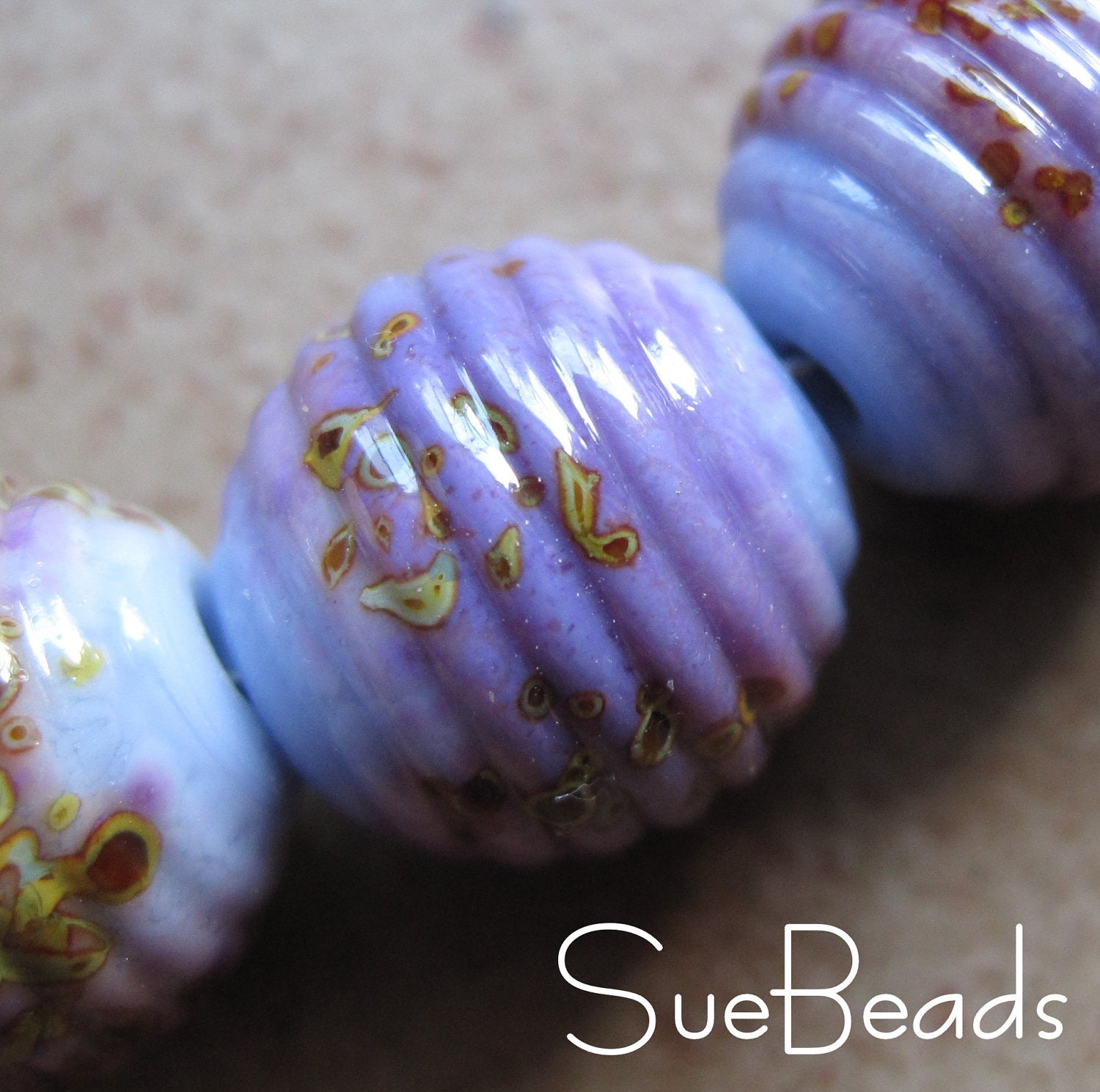 Lampwork Beads - SueBeads - Ribbed Round Beads - Wedgewood Blue Autumn Wonder Beads - Handmade Lampwork Beads - SRA M67 - suebeads