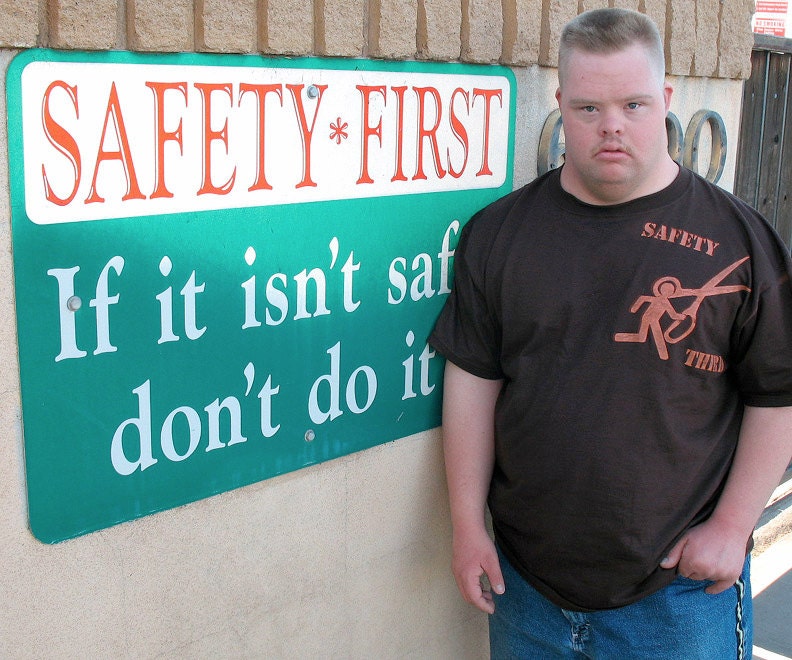 Running with Scissors  SAFETY THIRD tshirt -  brown mens tshirt -- Mens safety 3rd shirt  S - XXL