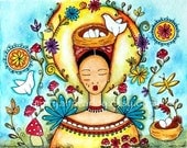 Original Mexican Art Print, Girl Art Illustration, Whimsical Garden Art, Birds, Folk Art, Watercolor, 5 x 6.5, Mixed Media, Turquoise Blue