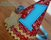 Boys 1st birthday hat -Cowboy or Barnyard theme in red bandana, aqua, and burlap - Free personalization - Keepsake