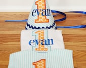 Boys First Birthday Hat, Bib, and Shirt - Aqua stripes, Michael Miller sunny ta dots, orange, and navy blue accents - Free personalization