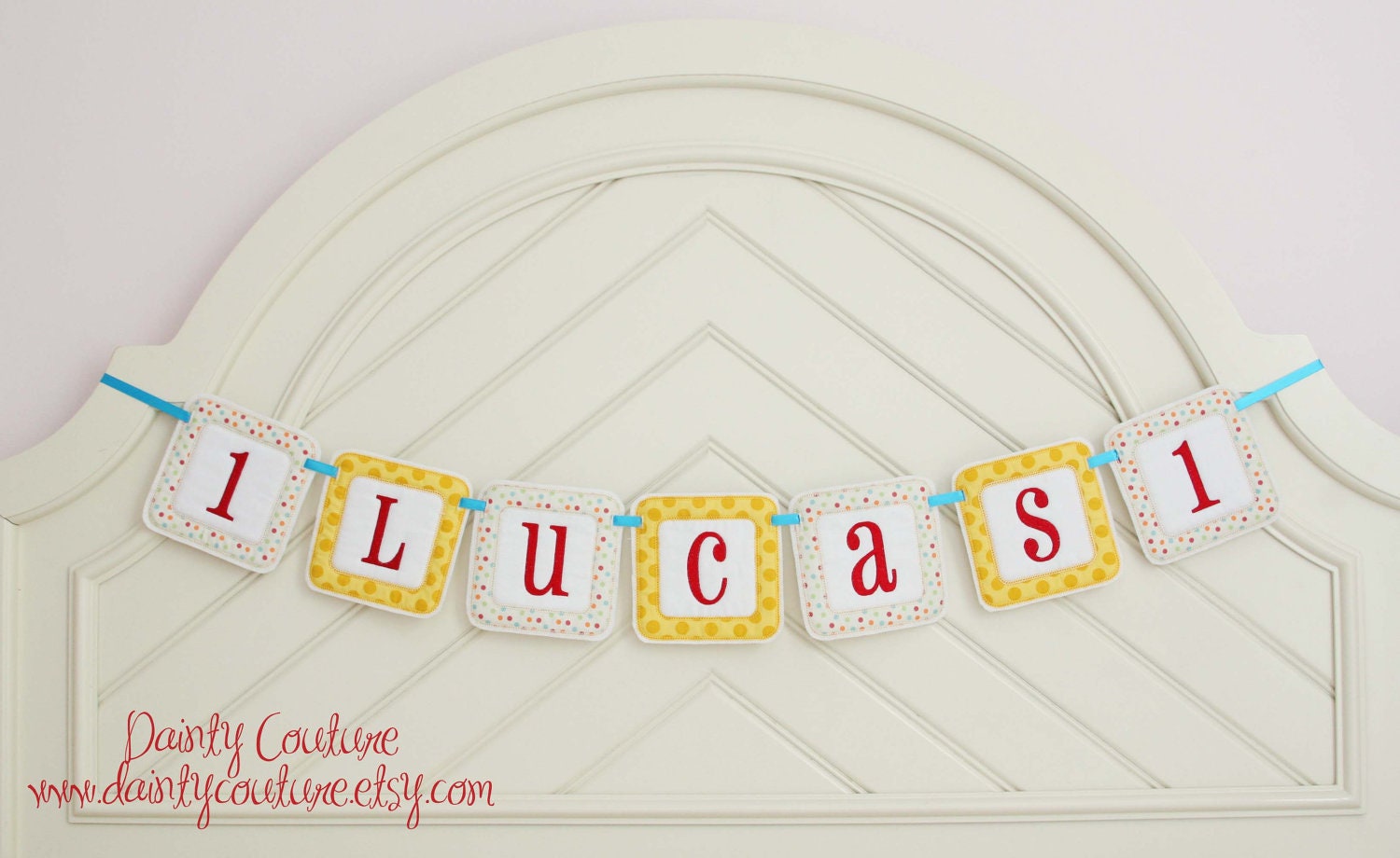 Boy First Birthday Fabric Banner - Preppy dots in red, aqua, orange, and green
