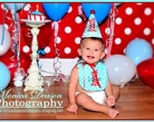 Boys 1st Birthday Party Hat and Bib - Darling aqua blue dots and red and white stripes - Michael Miller ocean dots