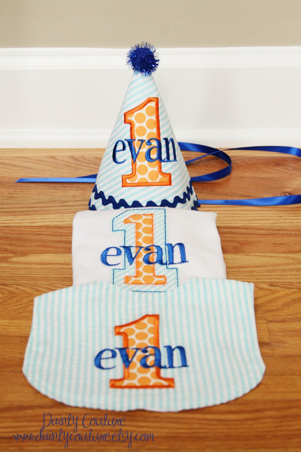 Boys First Birthday Hat, Bib, and Shirt - Aqua stripes, Michael Miller sunny ta dots, orange, and navy blue accents - Free personalization