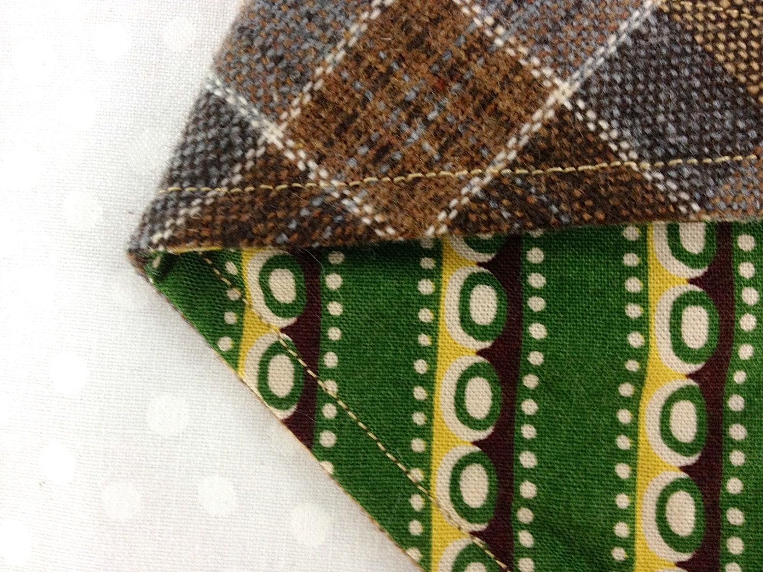 Double Sided Dog Bandana, Pocket - Upcycled Brown Plaid - Mod Green Brown Striped Print