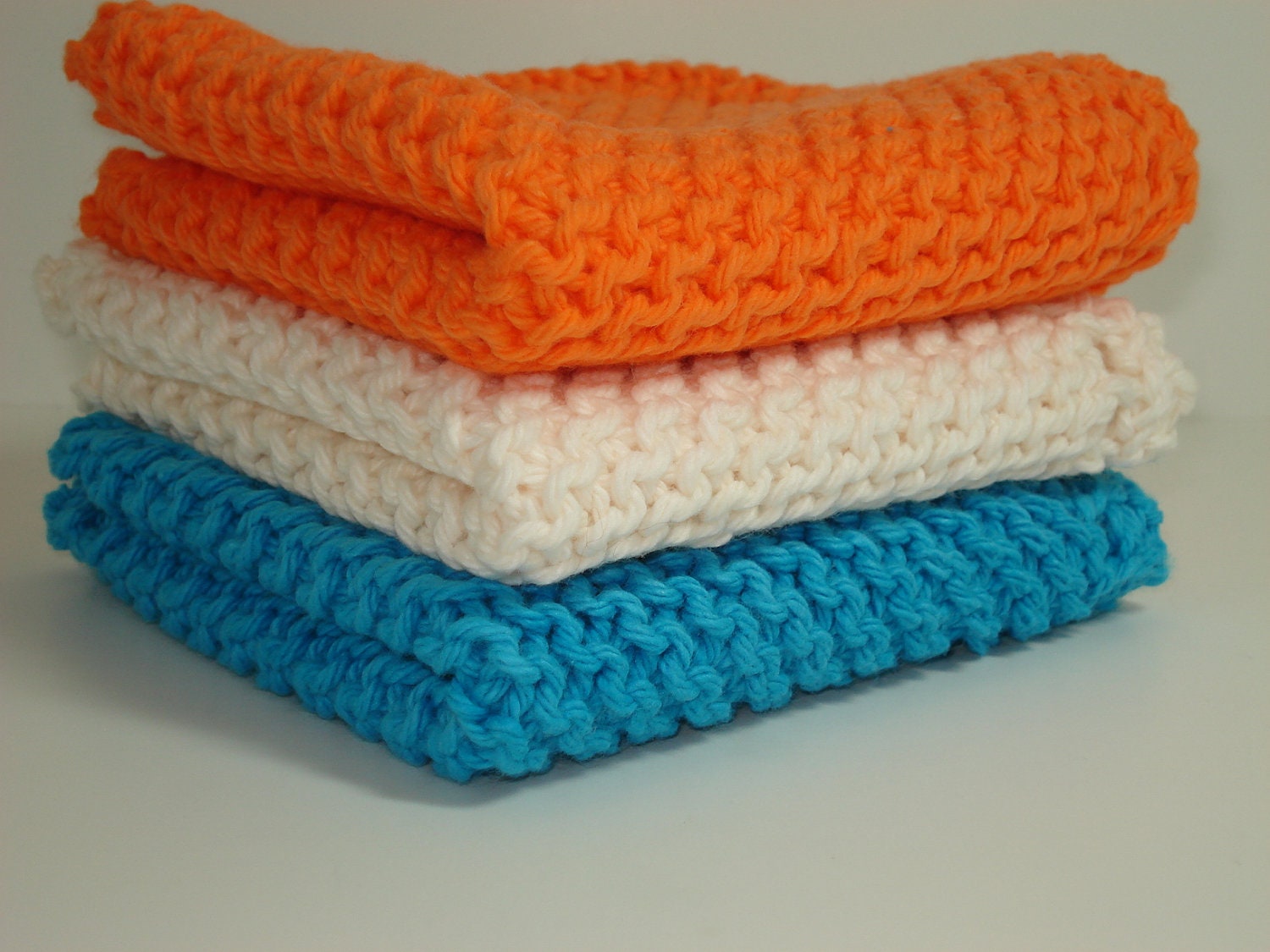 Handknitted Dishcloths - Tangerine Turquoise Ivory - Set of 3