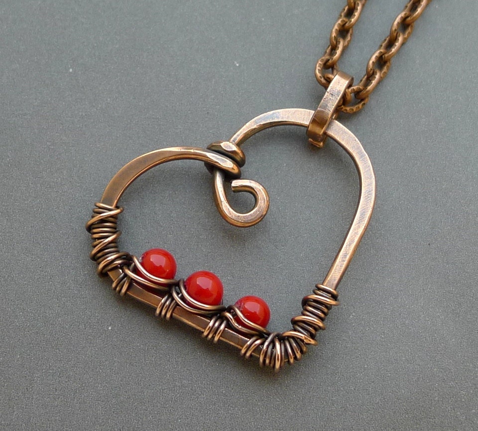 Oxidized Copper Heart Necklace with Red Coral