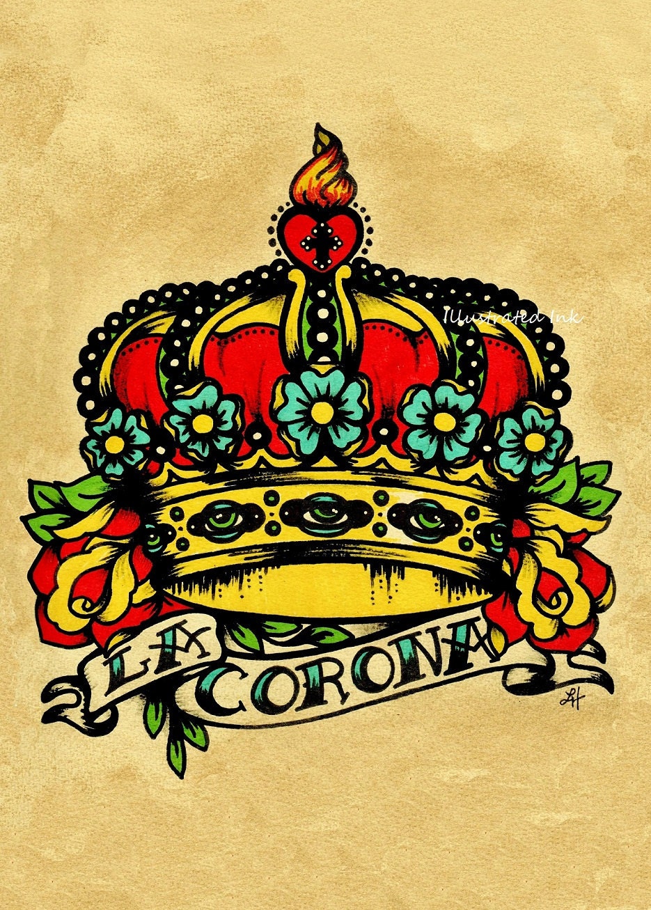 Old School Tattoo Crown Art LA CORONA Loteria Print 5 x 7