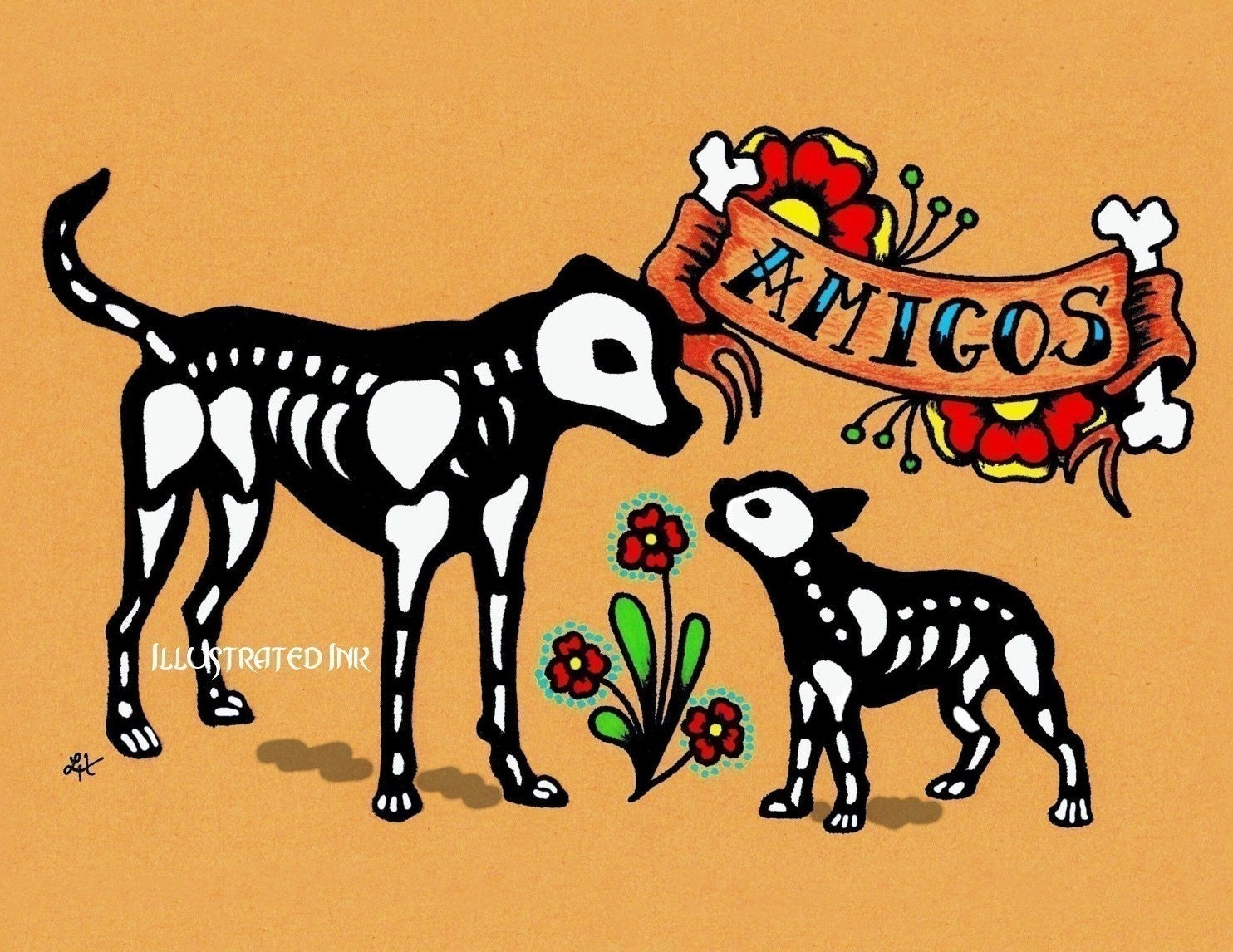 Dia de los Muertos Dogs AMIGOS Day of the Dead Art Print 5 x 7 - Donation to Austin Pets Alive