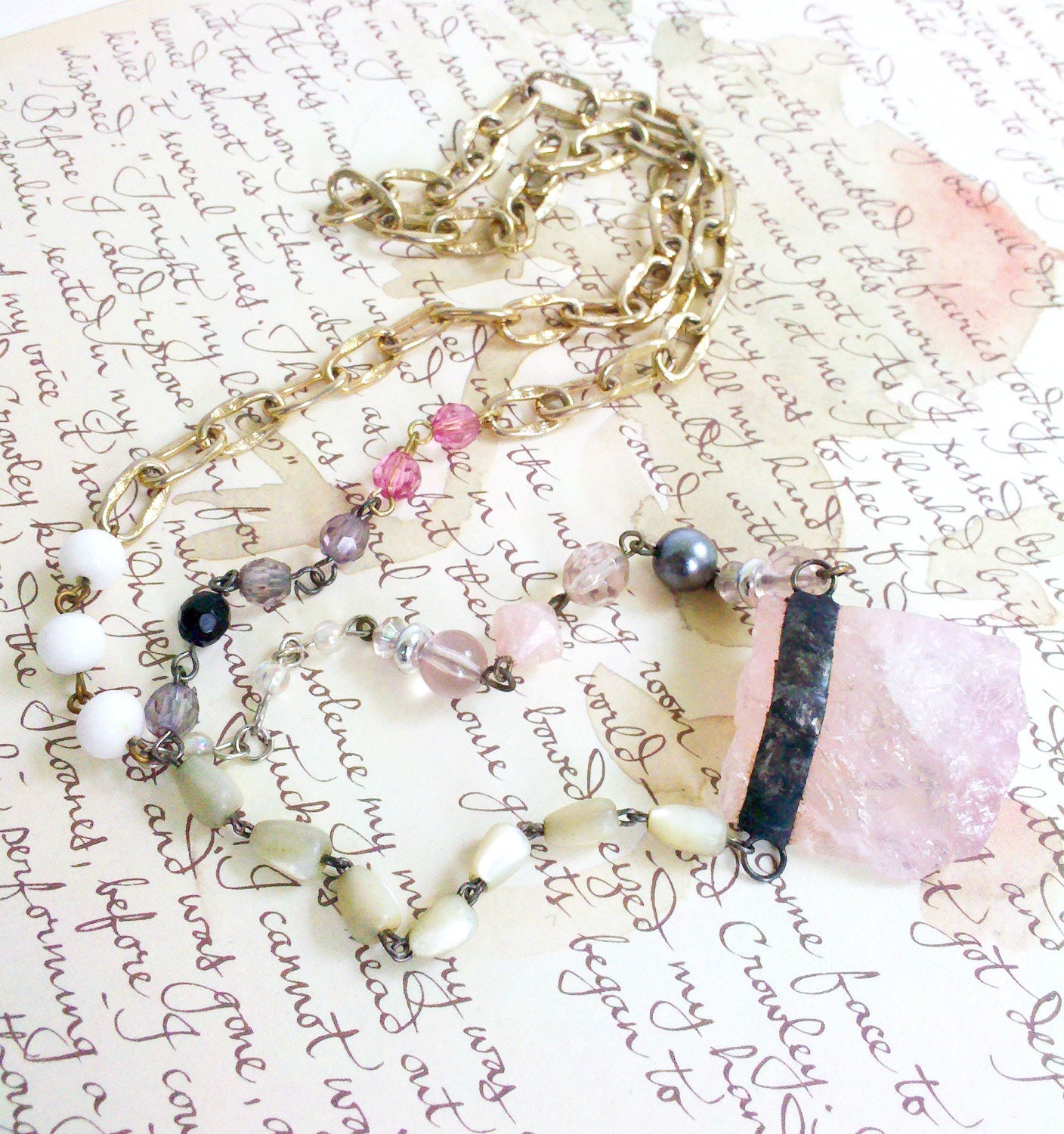 Pink Rose Quartz Necklace, Soldered Pink Crystal, Vintage Bead Chain Necklace, Gypsy Style Assemblage, Bohemian Necklace