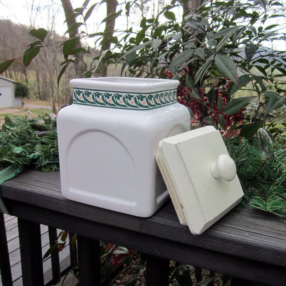 Vintage Canister/ Cookie Jar - Ceramic With Wooden Lid