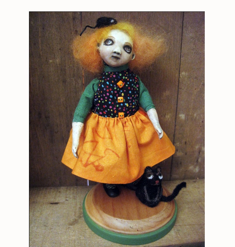 ooak GIRL with Black CAT & MOUSE figure art doll sculpture fantasy story