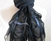 Black and Silver Felted Scarf,  Nuno Felted Silk Scarves, Nuno Felt Clothing, Ruffle Scarf, Women, Gift under 50, Black Wool and Silk 1231