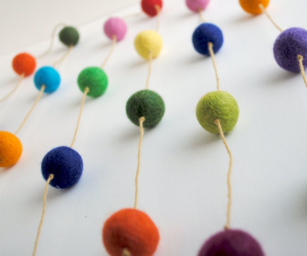 Multicolored Wool Ball Garland on Mustard Cotton String
