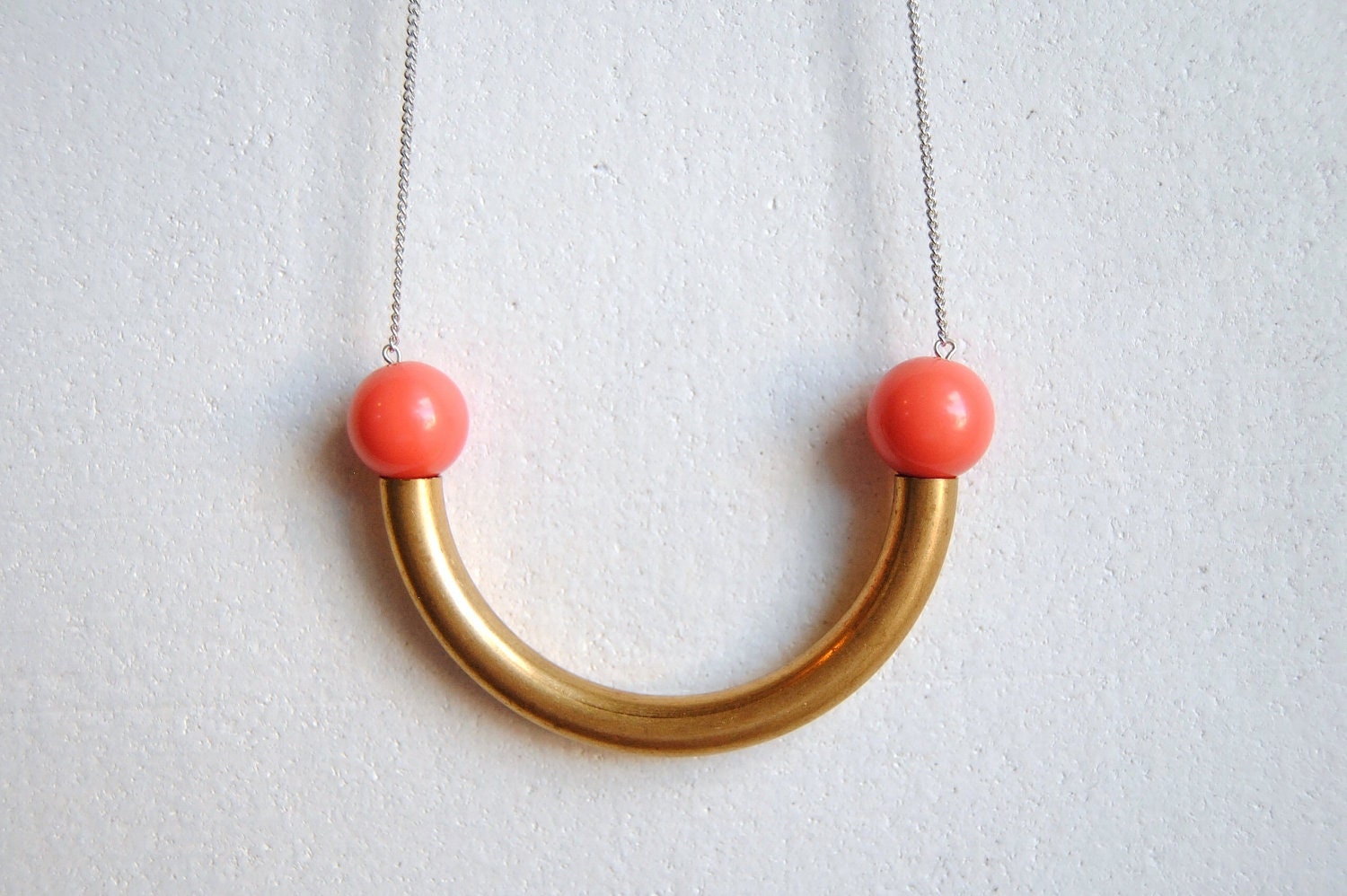 Coral and Vintage Brass Curve Necklace - Handmade Jewelry - Free Shipping in the US - Summer Fashion