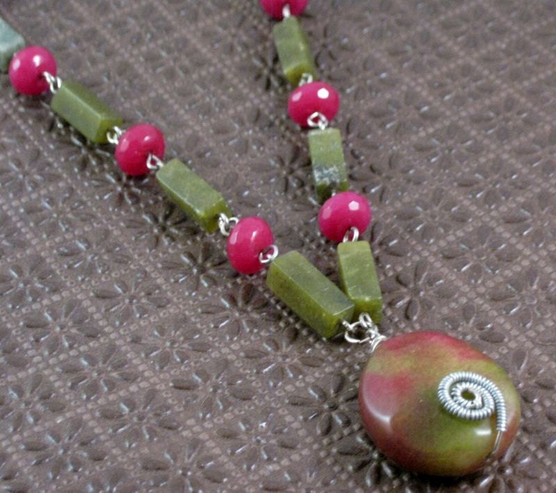Sprig -- ruby in zoisite and serpentine wire linked  beaded necklace
