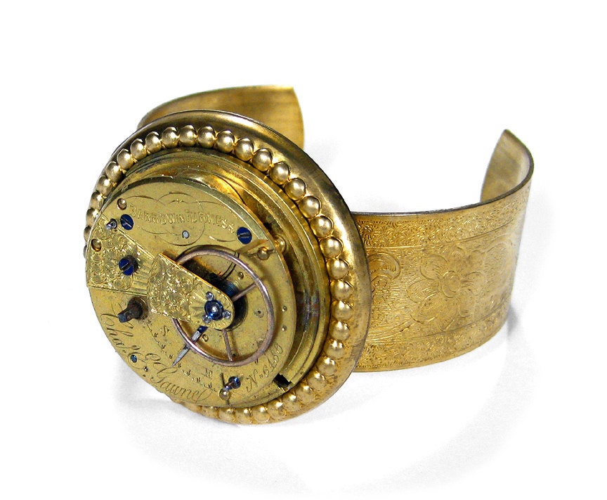 Steampunk Jewelry Cuff Antique Gold ENGLISH Pocket Watch Adjustable Bracelet Ca 1875 Wedding Anniversary STUNNING - Steampunk by edmdesigns