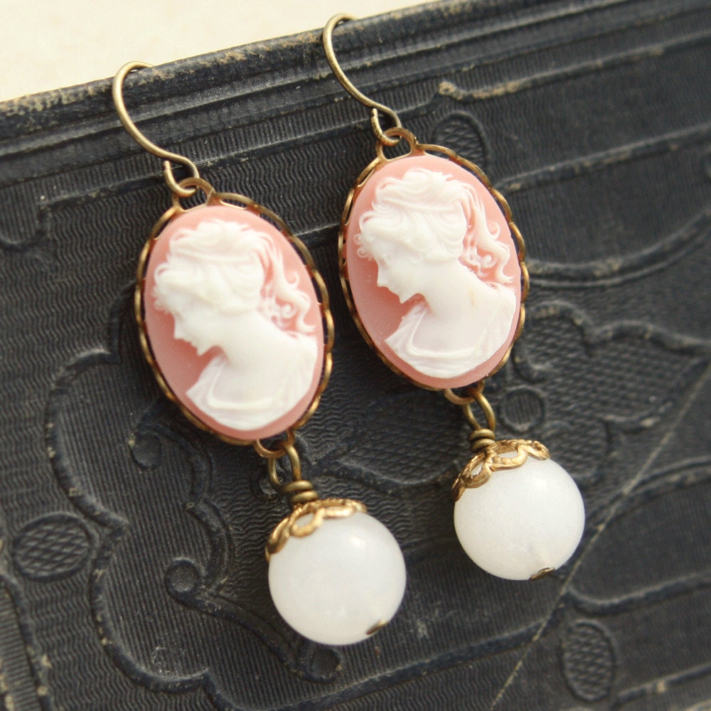 Dangle Earrings, Anna Vintage Cameo Dangle Earrings, Pale Pink Cameo, White Marble, Angelskin, Angel Skin, Girl Cameo, Cameo Drop, Dangle