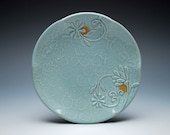 Small handmade plate, Dessert / serving dish, Victorian modern in turquoise Aqua floral w. tangerine polka dots