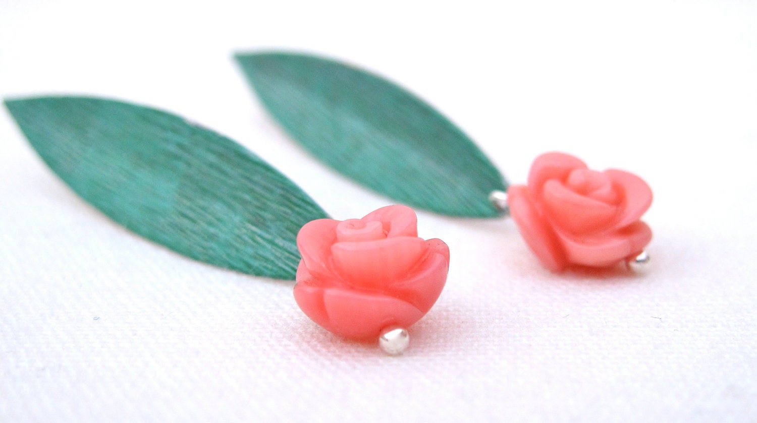 earrings. stone jewelry pink coral rose flower hand aged verdigris metal lance