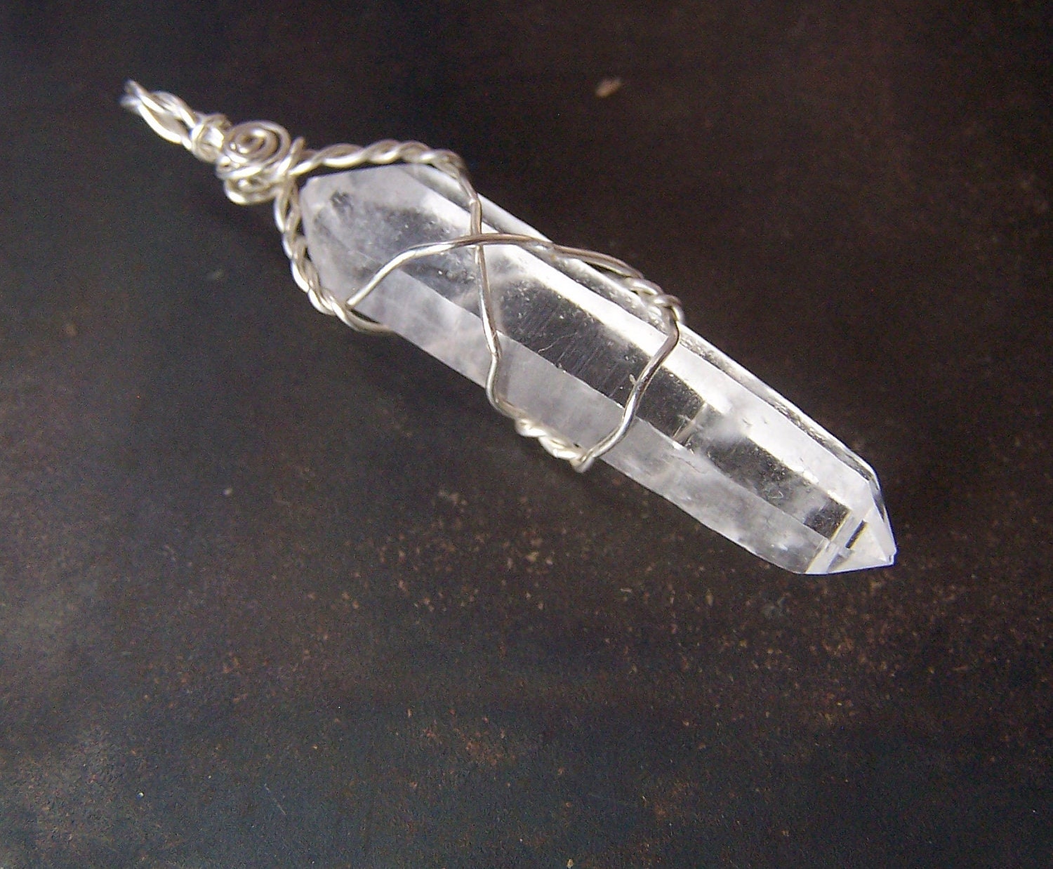 Quartz Crystal wire wrap necklace pendant - Double Terminated Alien - Sterling Silver - natural - point - Double sided wire wrap