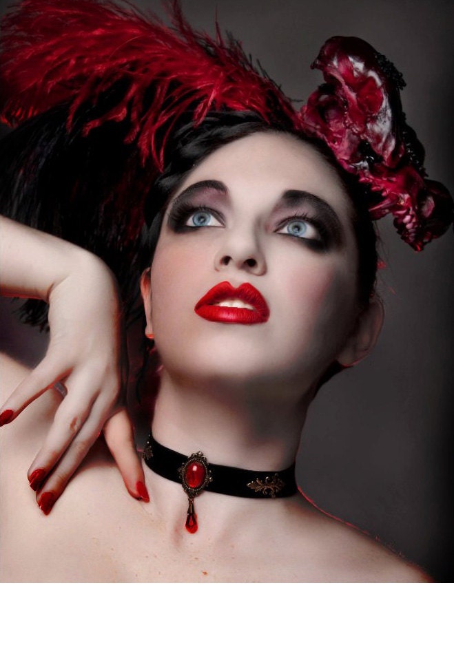 Black Velvet Choker Brass and Red Victorian Gothic Jewelry