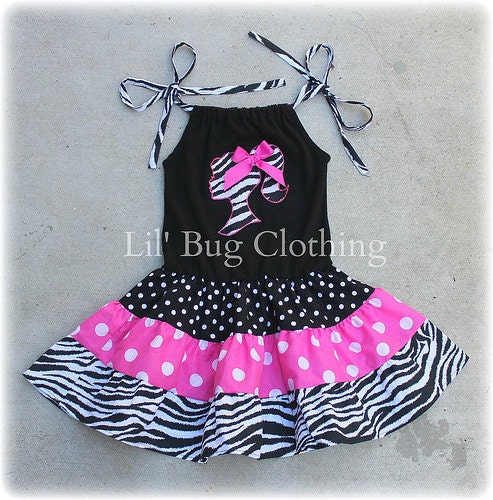 Custom Boutique Clothing Tiered Barbie Hot Pink Zebra and Black Polka Dots Birthday Dress