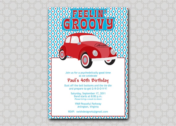 Adult Birthday invitation - VW bug 0 Groovy 60s 70s inspired Birthday Party Invitation - Digital Birthday Invite - Il_570xn