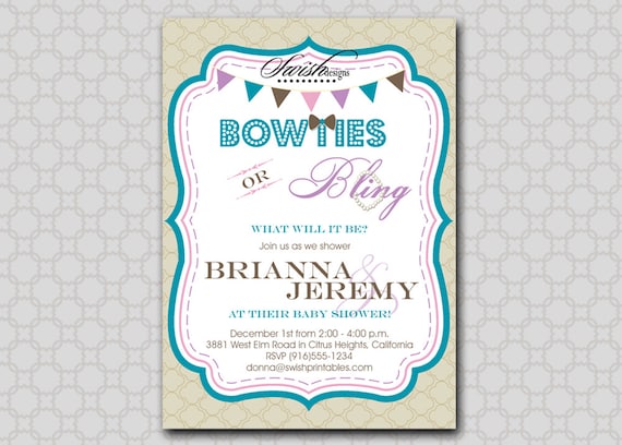 Bowties and Bling - Baby Shower Invitation - Printable Invite - Gender Neutral Il_570xn