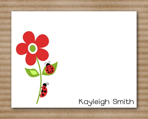 Ladybug Flower Note Cards / Notecards / Red / Personalized (set of 8)
