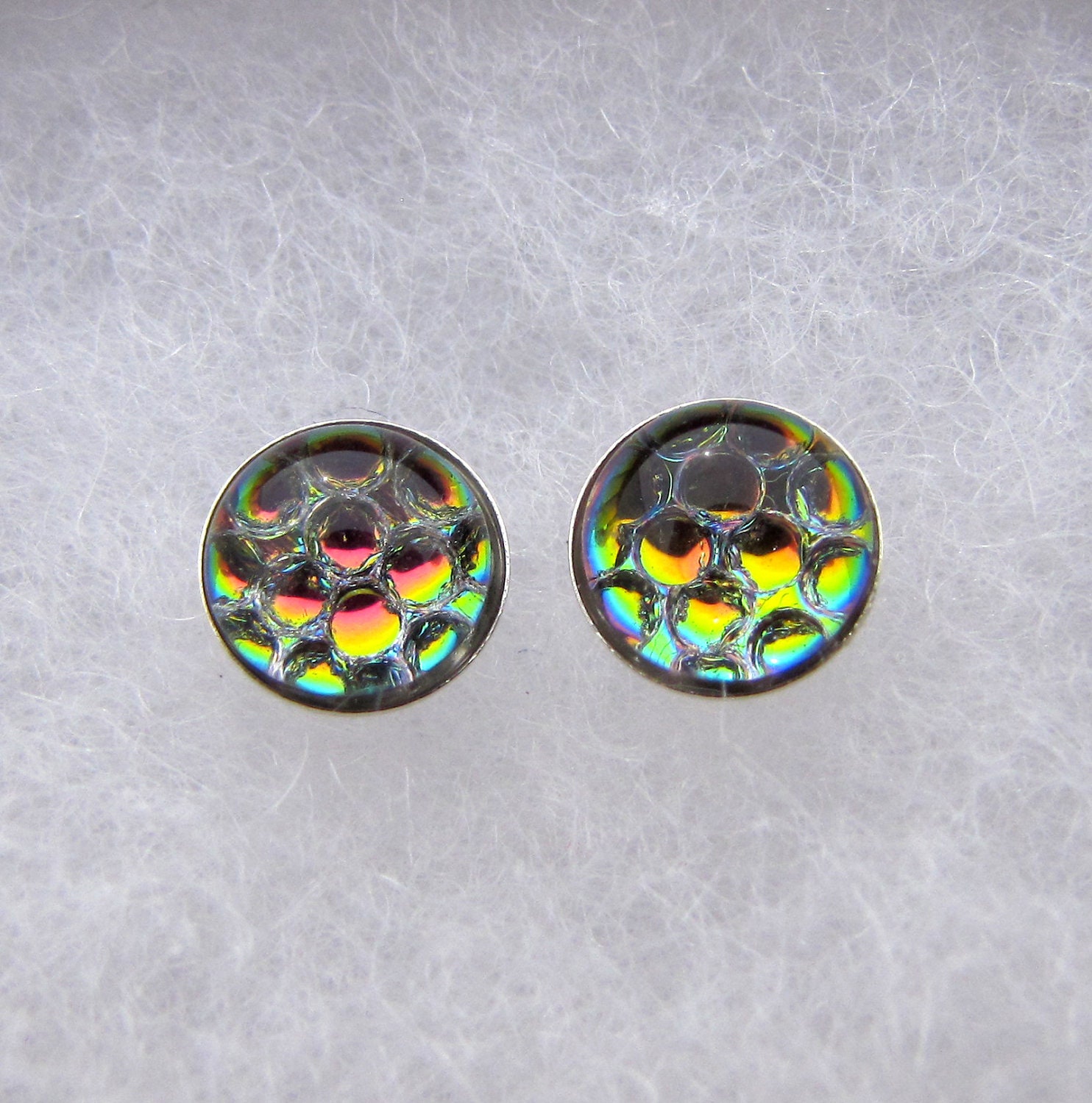 Sterling Silver Post Earrings - Tiny Stud Earrings - Rainbow Bubbles Color Shifting Vintage Glass Earrings