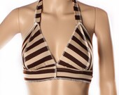 Summer festivals Bikini Halter Top, Brown Cream stripes, Steampunk,  Beach Sports and sunbathing. hippy cotton bra Small Medium
