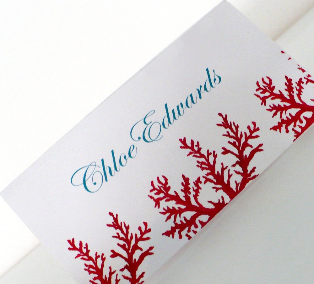 CORAL Seating ESCORT Cards Red Branches Beach Wedding Tropical Events Seaside Ocean Aqua Turquoise Blue Escort Place Table Numbers Tents