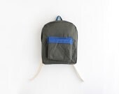military green backpack with blue pouch.