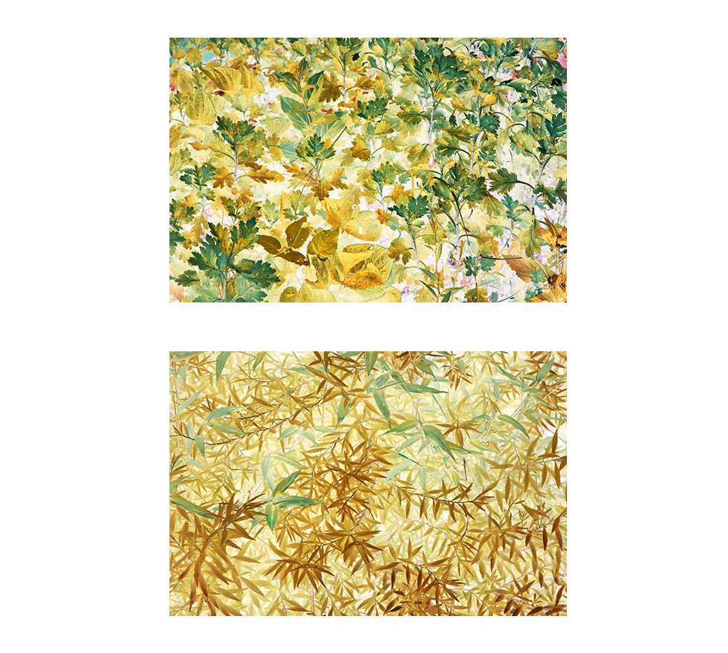 Two Abstract Foliage Photos, Bamboo Photo, Fall Wall Decor, Asian Decor, Gold Green