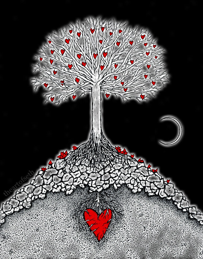 Night, At the Great Tree with moon 11x14 print of original illustration.