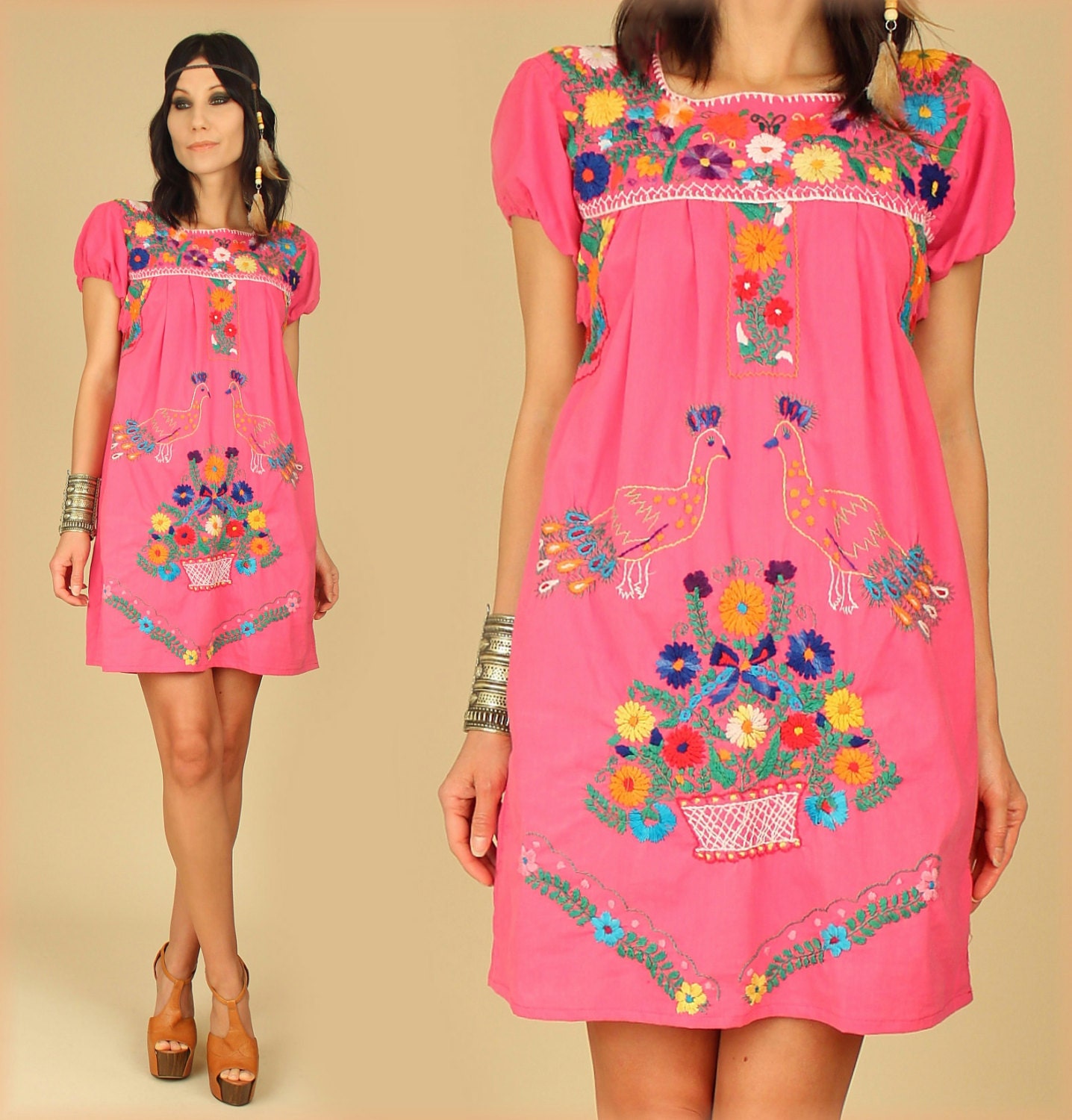 ViNtAgE 70's Rainbow BIRDS Floral ARTISAN Hand Embroidered Mexican Cotton Crochet MiNi Dress S/M