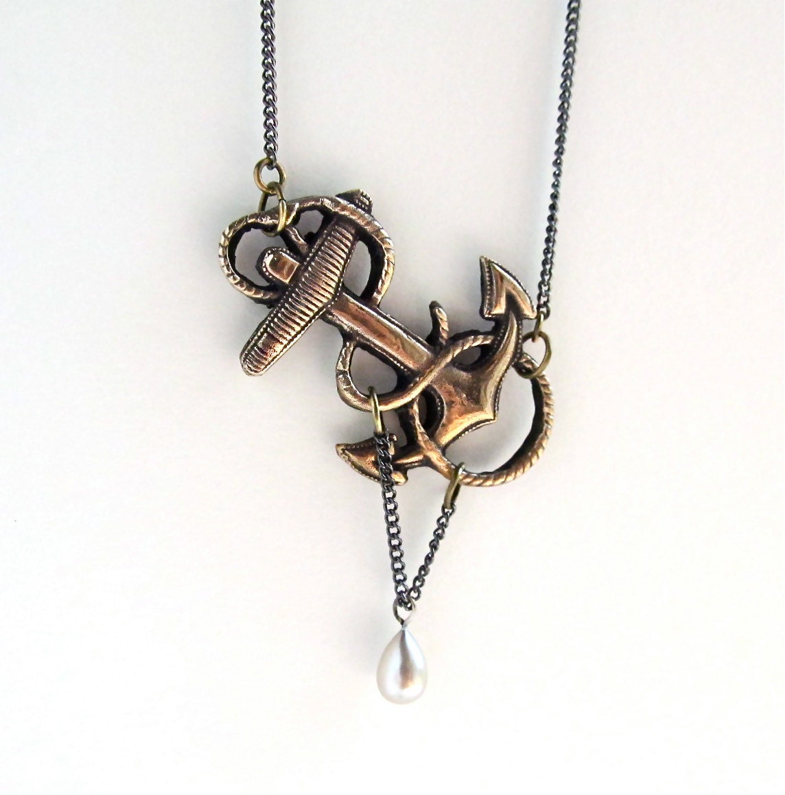 You Are My Anchor Necklace - Reclaimed Bronze, Vintage Pearl and Gunmetal Chain - Nautical