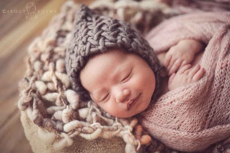 ON SALE Baby Boy Hat Chinstrap Criss Cross Pixie Bonnet Newborn Photography Prop in Bark Brown by TrickyKnits original designer