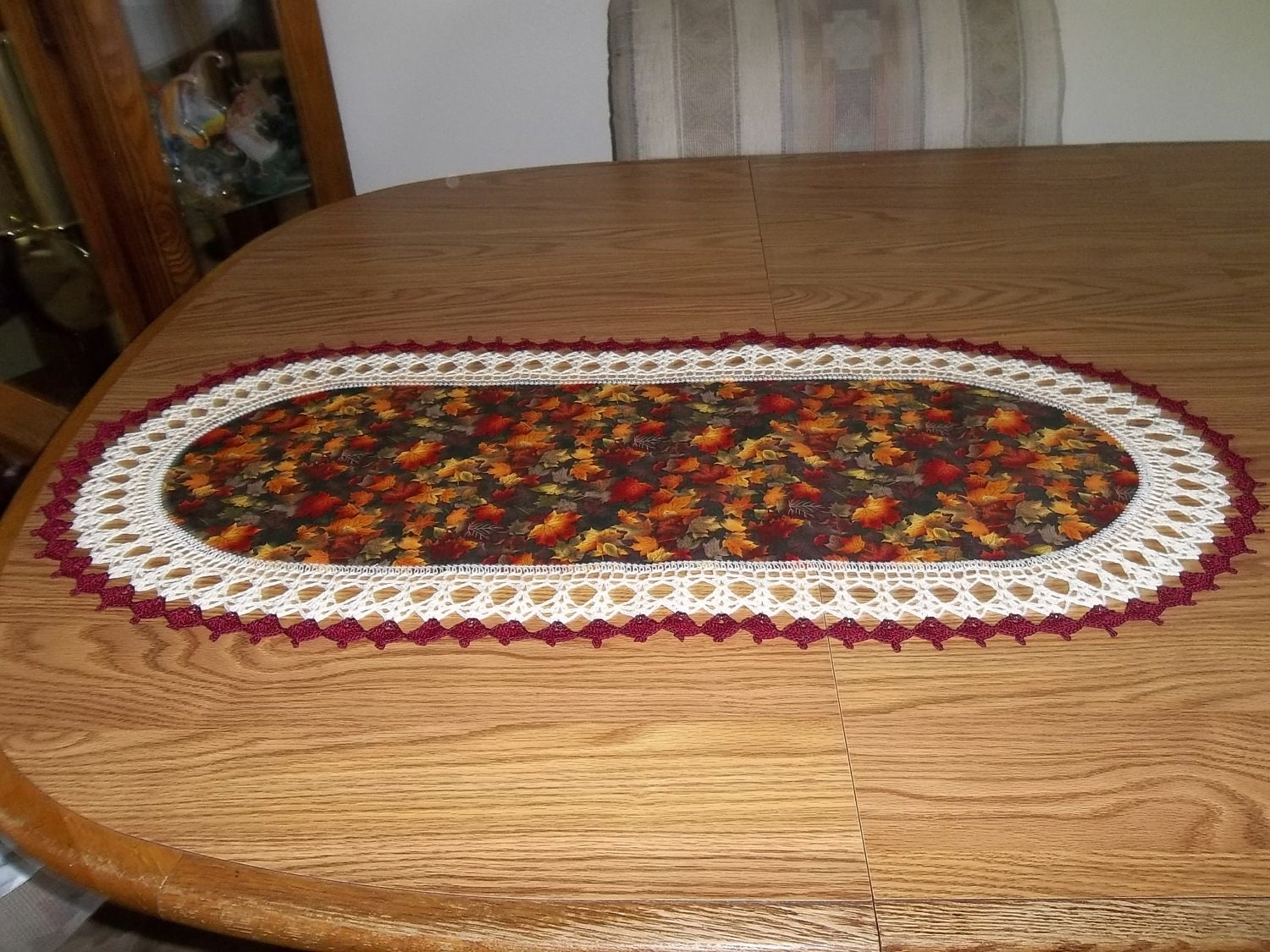 Crocheted Fall Leaves Table Runner 16 x 36 Fabric Center Crocheted Edging