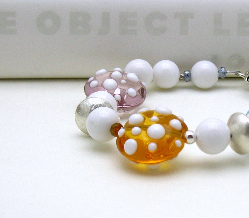 Pastel Dotted Lampwork Sterling Silver Bracelet / Pastel Boho Beaded Bracelet / Geometric