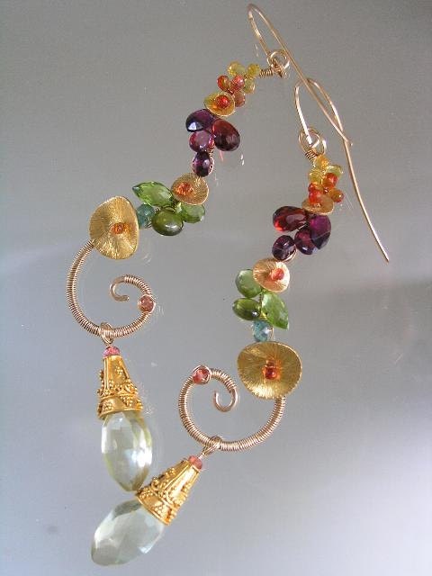 Gorgeousness...Sapphire Garnet Peridot Gemstone Signature Original Curvaceous Gold filled Earrings...long and daring