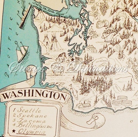 Washington State Vintage Map - Aqua - Cottage Chic - A Fun and Funky 1930s Picture Map of Washington to Frame