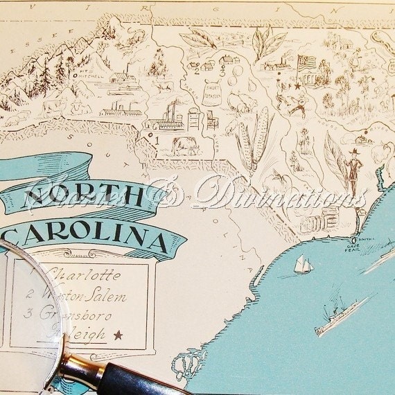 North Carolina Vintage Map - Cottage Chic - Aqua Print - Wall Art - A Fun and Funky Little Picture Map of North Carolina to Frame