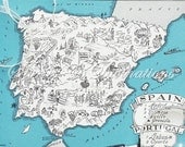 Spain - Map of Spain - Vintage Map of Spain - Aqua - Cottage Chic - A Fun and Funky Little 1930s Vintage Picture Map to Frame