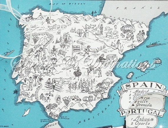 Spain - Map of Spain - Vintage Map of Spain - Aqua - Cottage Chic - A Fun and Funky Little 1930s Vintage Picture Map to Frame