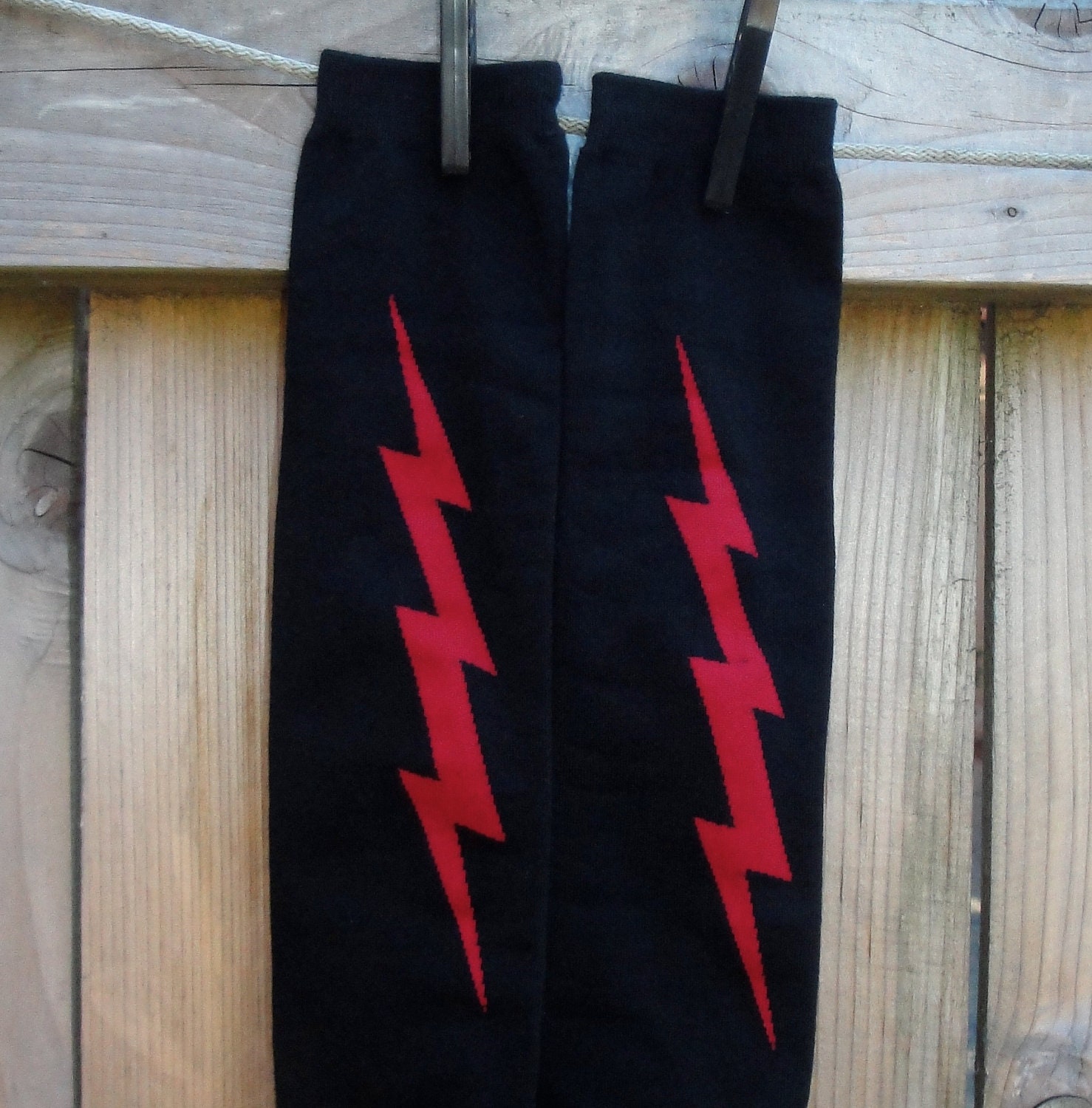 KOOL KID Arm / Leg Warmers for Baby, Toddler, Child, Tween Boy or Girl - SHAZAM Red Bolts on Black - Fun and Functional Fashion